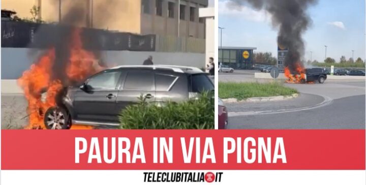 Giugliano, auto prende fuoco davanti a un supermercato: distrutta carrozzeria